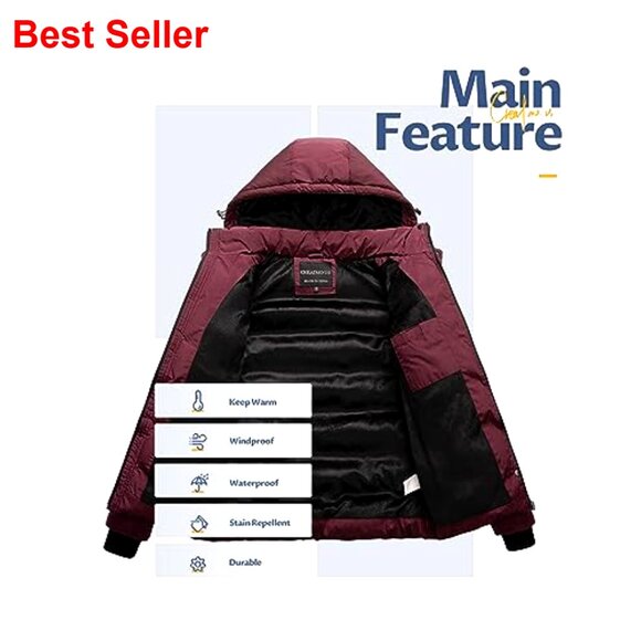 Women's Waterproof Puffer Ski Jacket with Detachable Hood, Winter Coat - Picture 3 of 6